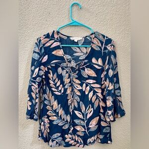 Lovestitch Navy Blue Leaves 3/4 Sleeve Tie Front Blouse
